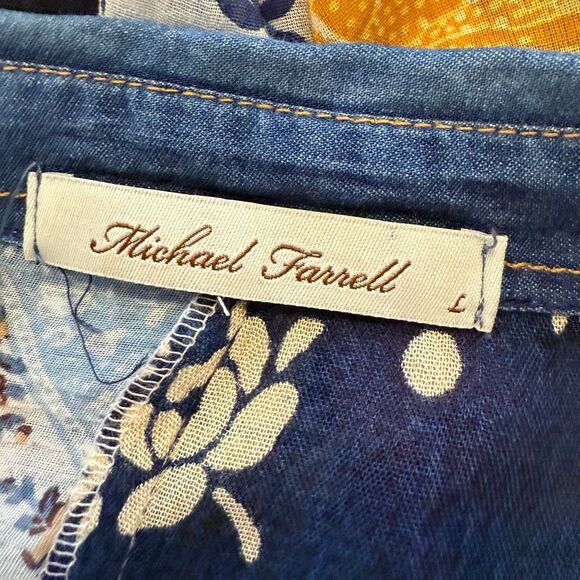 Michael Farrell Blue Floral Cotton Patchwork Button Down Shirt Size L Boho Chic - Picture 16 of 16